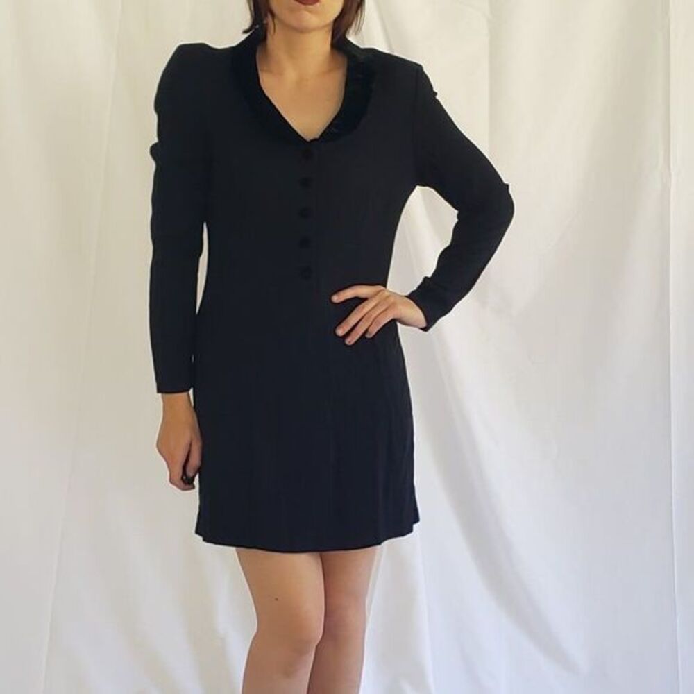 90s Black Long Sleeve Button‎ Down Mini Dress